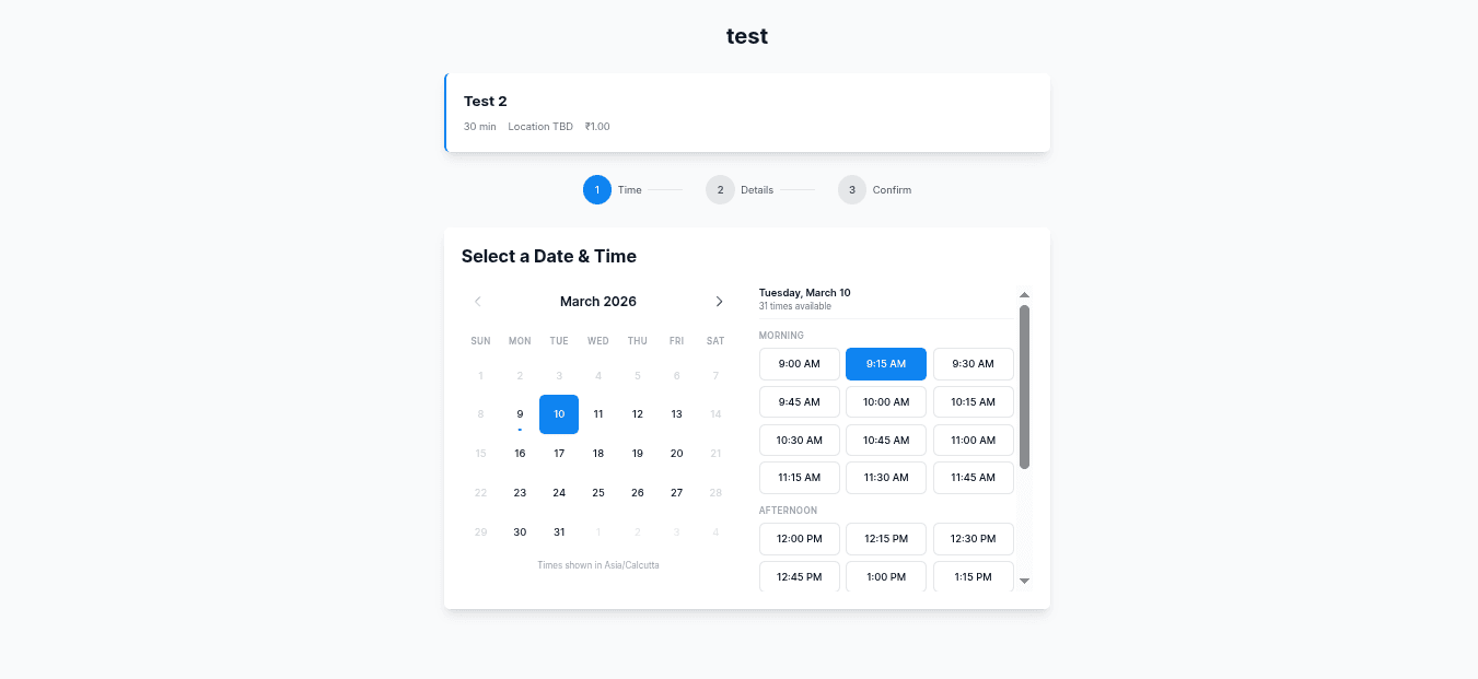 Client booking calendar with available time slots